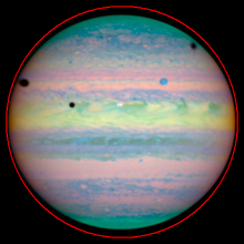 Jupiter's diameter from pole to pole is much smaller than at the equator (red circle for comparison)