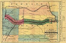 De Kansas Pacific hoofdlijn getoond op een kaart uit 1869  