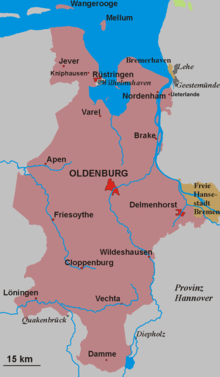 Map of Oldenburg 1866-1937; Rüstringen was the largest town in the Grand Duchy of Oldenburg in 1918; Wilhelmshaven belonged to the Kingdom of Prussia.