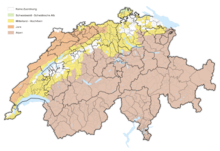 Major landscape areas; the Pre-Alps are not differentiated from the Alps (map with a municipality inventory as of January 1, 2021).