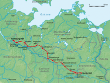 The Berlin-Hamburg railroad runs through the southwest of the country.