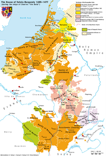 Valois-Burgundin talon alueet Kaarle Rohkean aikana.  