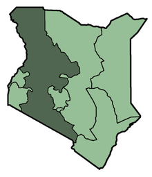 Localisation au Kenya : la zone ombragée est la vallée du Grand Rift ; la partie sud-ouest est le Mara.