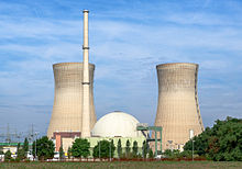 The Grafenrheinfeld nuclear power plant, between the cooling towers the concrete dome with the nuclear reactor