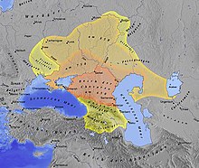 Imperiul turcesc khazar din Rusia. Khazarii proveneau din est, din jurul Asiei Centrale și Mongoliei.  