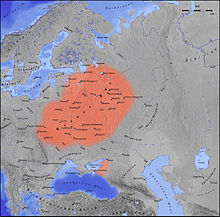 The extent of Kievan Rus about 1000: The Russian land stretched from the left tributaries of the Vistula to the foothills of the Caucasus, from Taman and the lower course of the Danube to the coast of the Gulf of Finland and Lake Ladoga.
