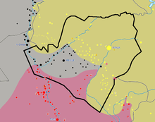 The province was divided into three parts from 2014 to October 2017: Yellow = Kurds, Grey = IS, Red = Central Government, after October 2017 IS was driven out of this region
