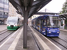 Combined platform between Vogtlandbahn and Zwickau tram at the Zwickau Zentrum stop