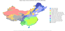 Köppen-Geigerova mapa klasifikace podnebí pro Čínu.
