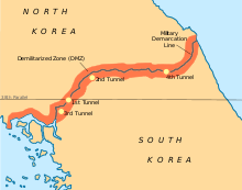 Het Koreaanse schiereiland is eerst verdeeld langs de 38e breedtegraad, later langs de demarcatielijn.