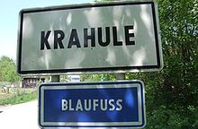 Place-name sign Krahule/Blaufuß in central Slovakia