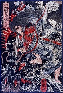 Susanoo fights the eight-headed dragon Yamata no Orochi in a Japanese myth (picture by Utagawa Kuniteru)