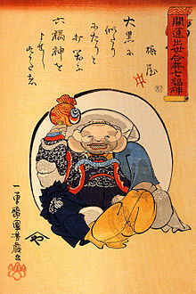 Budai przedstawiony na odbitce Utagawy Kuniyoshi. Spójrz na torbę w jego dłoni.