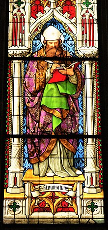 Church window with fantasy image of St. Augustine in Cologne Cathedral.