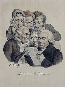 "Reading the will" (19th century French cartoon).