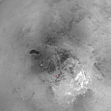 Infrared image of Titan's south pole. Ontario Lacus can be seen left of center as a dark area.