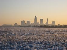 View of Cleveland across frozen Lake Erie.