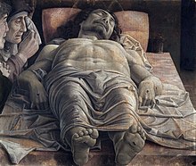 Картина Андреа Мантеньи "Оплакивание мертвого Христа". Перспектива в этой картине - под углом над объектом, в направлении его головы, так как он лежит горизонтально. Художник использует ракурс вверх, чтобы создать правильные размеры в соответствии с углом.