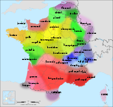 French dialects (yellowish, green and blue shades) and other language groups in France