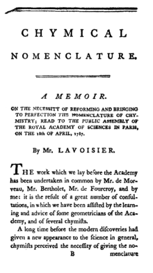 Eerste pagina van Antoine Lavoisier's Chymical Nomenclature in het Engels.