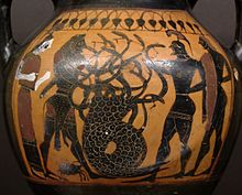 Athena, Herakles, de Krab, de Hydra, Iolaos en een onbekend personage (mogelijk Zeus) op een amfoor van 540-2020.  