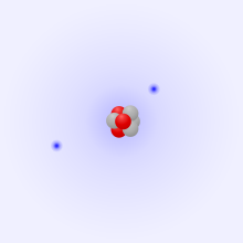 Li+ with three protons (red) and two electrons (blue). In units of the elementary charge, the total charge is (+3) + (-2) = +1.