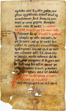 Fragment of a Catalan version of the Visigothic Liber Iudiciorum, Biblioteca de l'Abadia de Montserrat, Ms. 1109, end of the 12th century.
