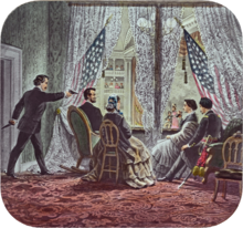 Afgebeeld in de presidentiële cabine van Ford's Theatre, van links naar rechts, zijn de moordenaar John Wilkes Booth, Abraham Lincoln, Mary Todd Lincoln, Clara Harris, en Henry Rathbone.