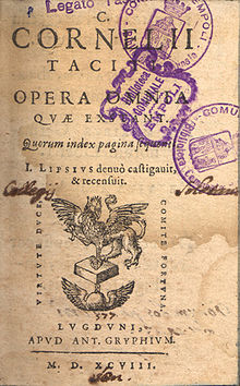 De titelpagina van Justus Lipsius' editie uit 1598 van de complete werken van Tacitus, met de stempels van de Bibliotheca Comunale in Empoli, Italië.  