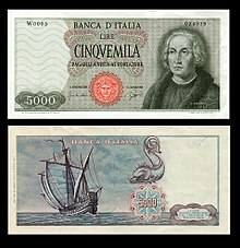 Christopher Columbus on the Italian 5000 lira banknote issued between 1964 and 1970