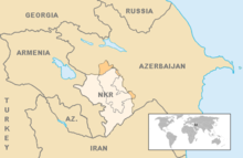 Granița regiunii Nagorno-Karabah după primul război din Nagorno-Karabah. Forțele armene din Nagorno-Karabah controlau zonele colorate în galben deschis, care reprezentau 17% din teritoriul Azerbaidjanului. Frontierele s-au schimbat foarte puțin între 1994 și 2020  