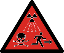 2007 ISO-gevarensymbool voor radioactiviteit. De rode achtergrond is bedoeld om dringend gevaar aan te geven, en het teken is bedoeld voor gebruik in opslagplaatsen voor radioactief afval op lange termijn, die tot in een verre toekomst zouden kunnen voortbestaan, waar andere gevarensymbolen vergeten of verkeerd geïnterpreteerd zouden kunnen worden.