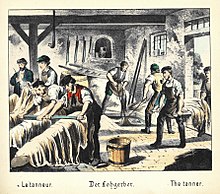 De looier , illustratie uit 1880, uit een boek dat verschillende beroepen beschrijft