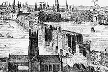 Ukiran oleh Claes Van Visscher, 1616. Menunjukkan Jembatan London Lama, dengan Katedral Southwark di latar depan. Kepala berduri dari para pengkhianat dan penjahat yang dieksekusi berada di atas gerbang Southwark.