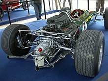 Ford-Cosworth DFV asennettuna Lotus 49:n takaosaan.  