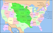 Een kaart van de Louisiana Purchase vergeleken met de staatsgrenzen in 2008. De Louisiana Purchase is weergegeven in groene overtop van de staten die daaruit gevormd zouden worden.