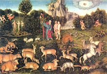 Garden of Eden by Lucas Cranach, 1530, steps of the plot depicted in parallel, three times with God the Father, each robed in red and blue