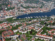 Aerial view with the city centre and Flensburg harbour