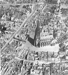 Aerial view of the bombed-out city centre with the cathedral largely undamaged despite a firestorm, after the air raid in November 1944