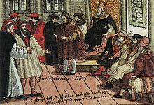 Luther ve Wormsu, kolorovaný dřevoryt, 1577  