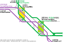 Flera plattformsövergångar mellan Tiu Keng Leng-stationen och Yau Tong-stationen.  