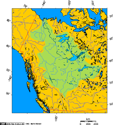 porečje reke Mackenzie, ki prikazuje položaj Velikega Slavskega jezera na zahodni kanadski Arktiki