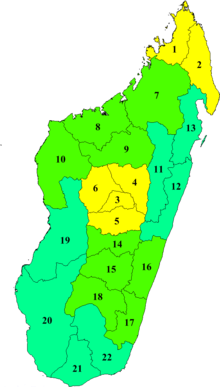 Kaart van de regio's van Madagaskar en voormalige provincies van Madagaskar  