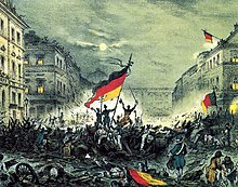 Cheering revolutionaries after barricade fights on March 18, 1848 in Berlin (chalk lithograph by an unknown artist)
