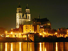 The landmark of the city, the Magdeburg Cathedral, with a view over the river Elbe