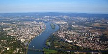 Aerial view of Mainz (left side of the Rhine) and Mainz-Kostheim with Mainz-Kastel (right side of the Rhine)
