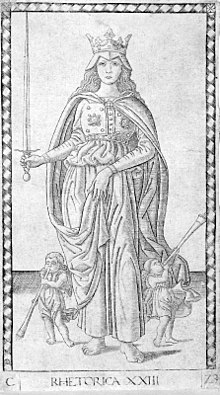 Classical personification of rhetoric as regina artis, i.e. queen of the liberal arts (depiction from the Mantegna Tarocchi, northern Italy c. 1470)