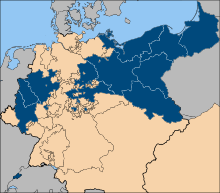 Prussia in the German Confederation after the Napoleonic Wars in dark blue color (1815)