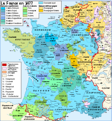 Frankrijk in 1477. Rode lijn: Grens van het Koninkrijk Frankrijk; Lichtblauw: het koninklijk domein