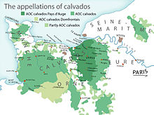 Los distintos colores verdes muestran los diferentes lugares donde se elabora el Calvados  